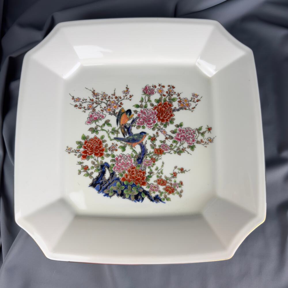 Toyo Japan Porcelain Plate Square 10” Birds Floral Hand Painted Style Gold Trim
